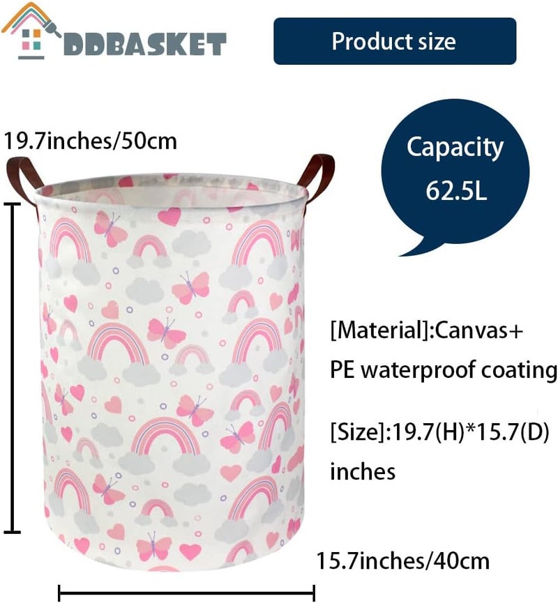 DDBASKET Pink Laundry Basket Girls Hamper Clothes Collapsible Toy Storage Bin Organizer with Handles for Kids, Baby,Nursery Hamper (Pink Rainbows) - Image 2